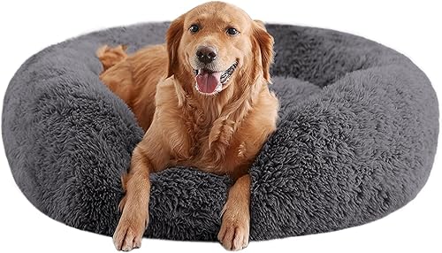Miniatura 14 de Camas calmantes para perros grandes, cama para perros acolchonada de dona de piel sintética, almohada redonda y esponjosa, cama lavable para