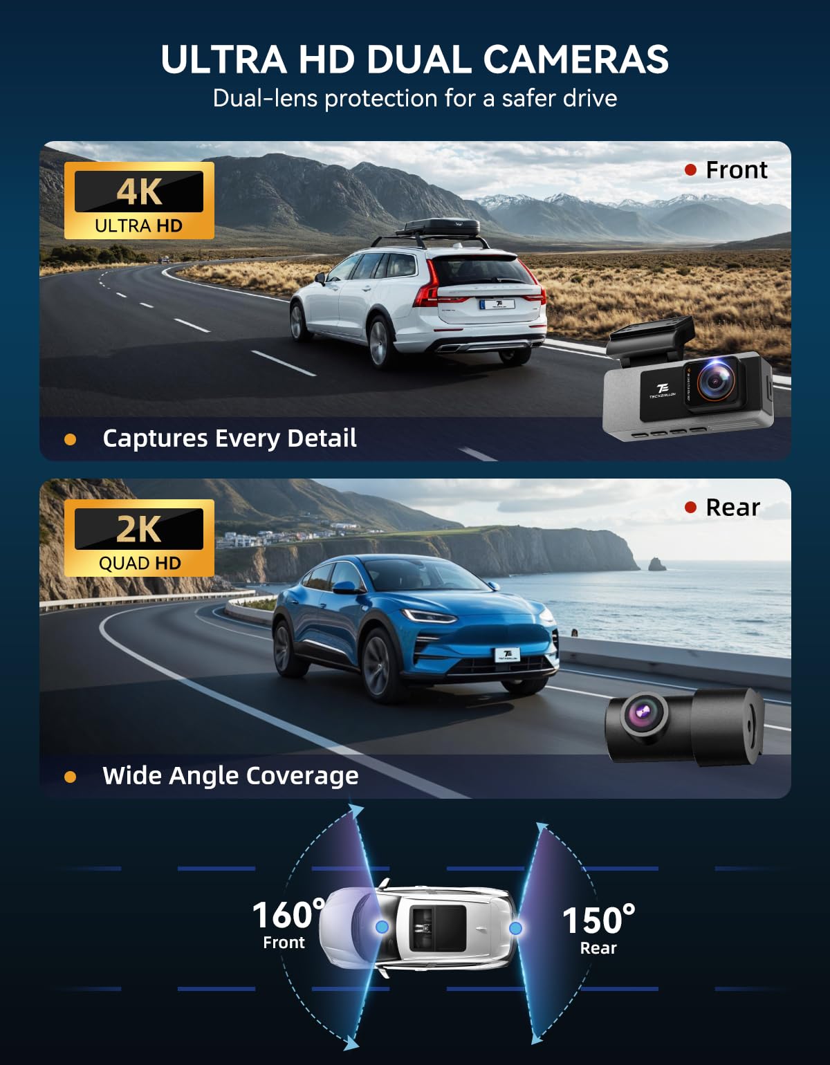 TECXLERON Dashcam delantera y trasera, cámara 4K Dual Dashcam, cámara de salpicadero para coches con visión nocturna Starlight, 160° frontal y 150° trasera gran angular, GPS, WDR, sensor G, modo de