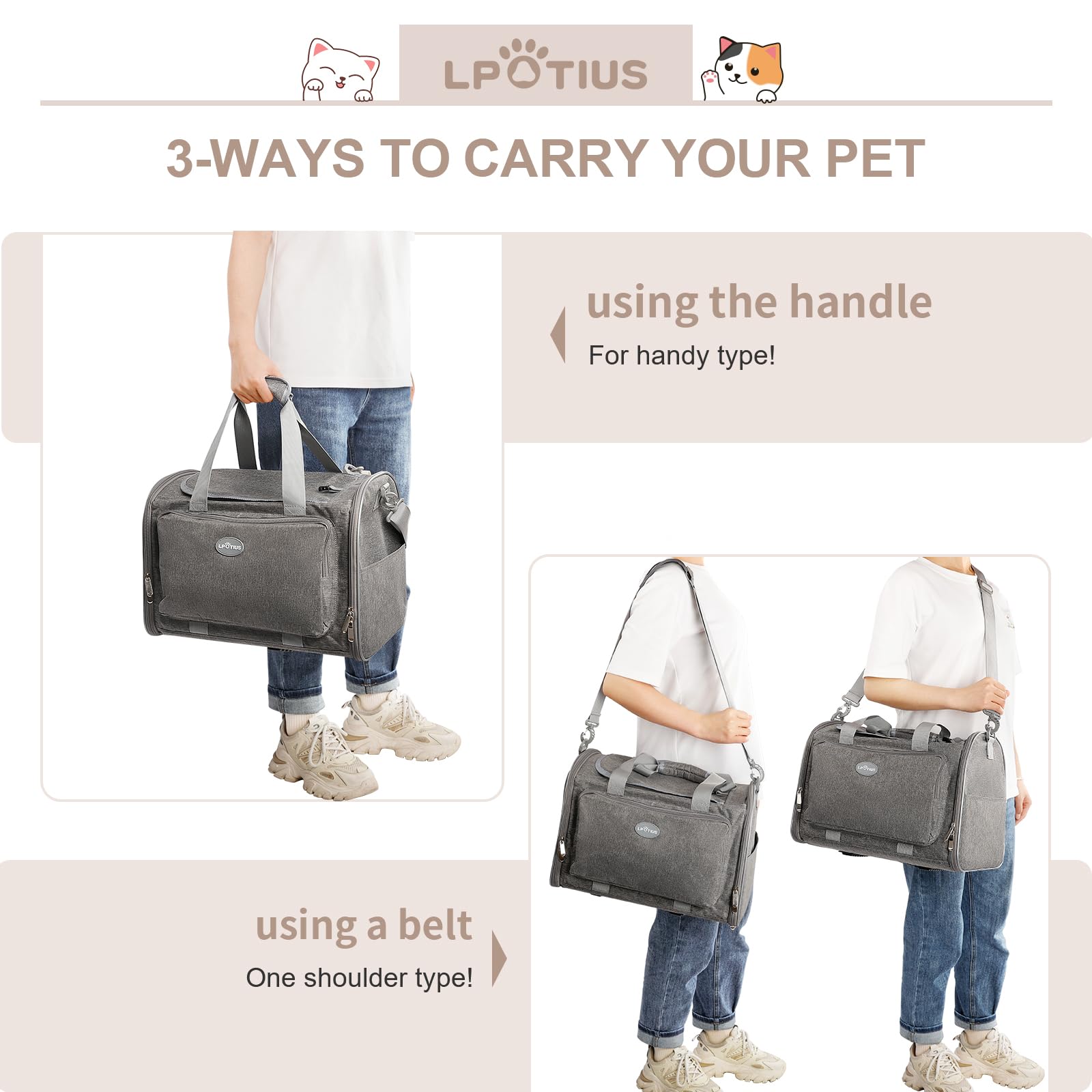 Transporttasche für Katzen, Tragetaschen für Hunde, atmungsaktiv und faltbar, Transportbox für Katzen mit verstellbarem Schultergurt (Grau)