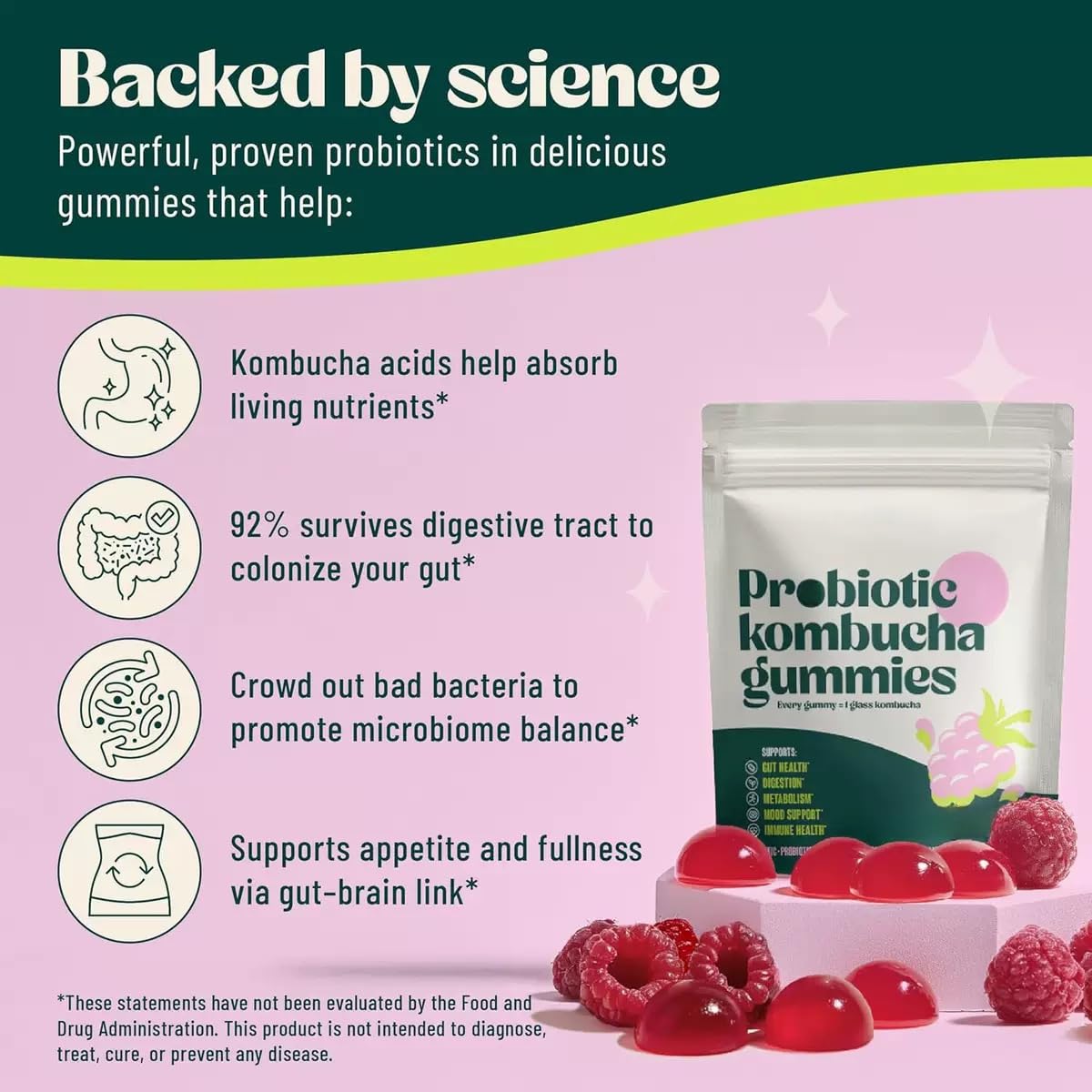 Gomitas probióticas de Kombucha - Contiene prebióticos, probióticos y posbióticos - Probióticos para hombres y mujeres - Vegano, sin OGM