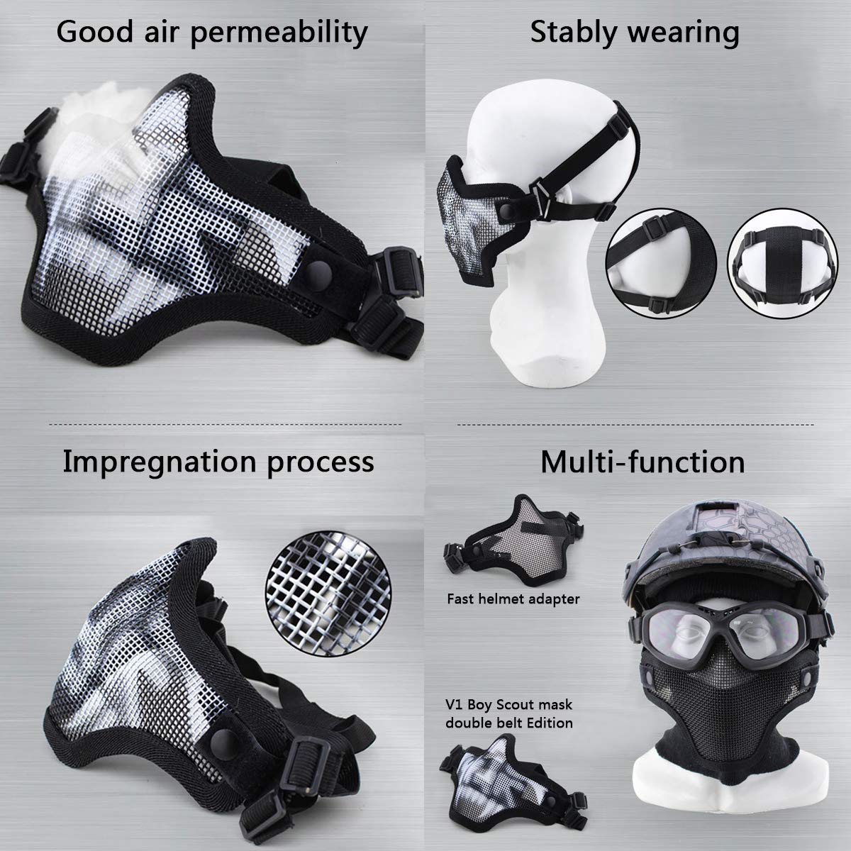 Maschere e occhiali da sole Airsoft, Mezza Faccia Maschera in maglia piena di acciaio e occhiali per CS/Caccia/Paintball/Tiro