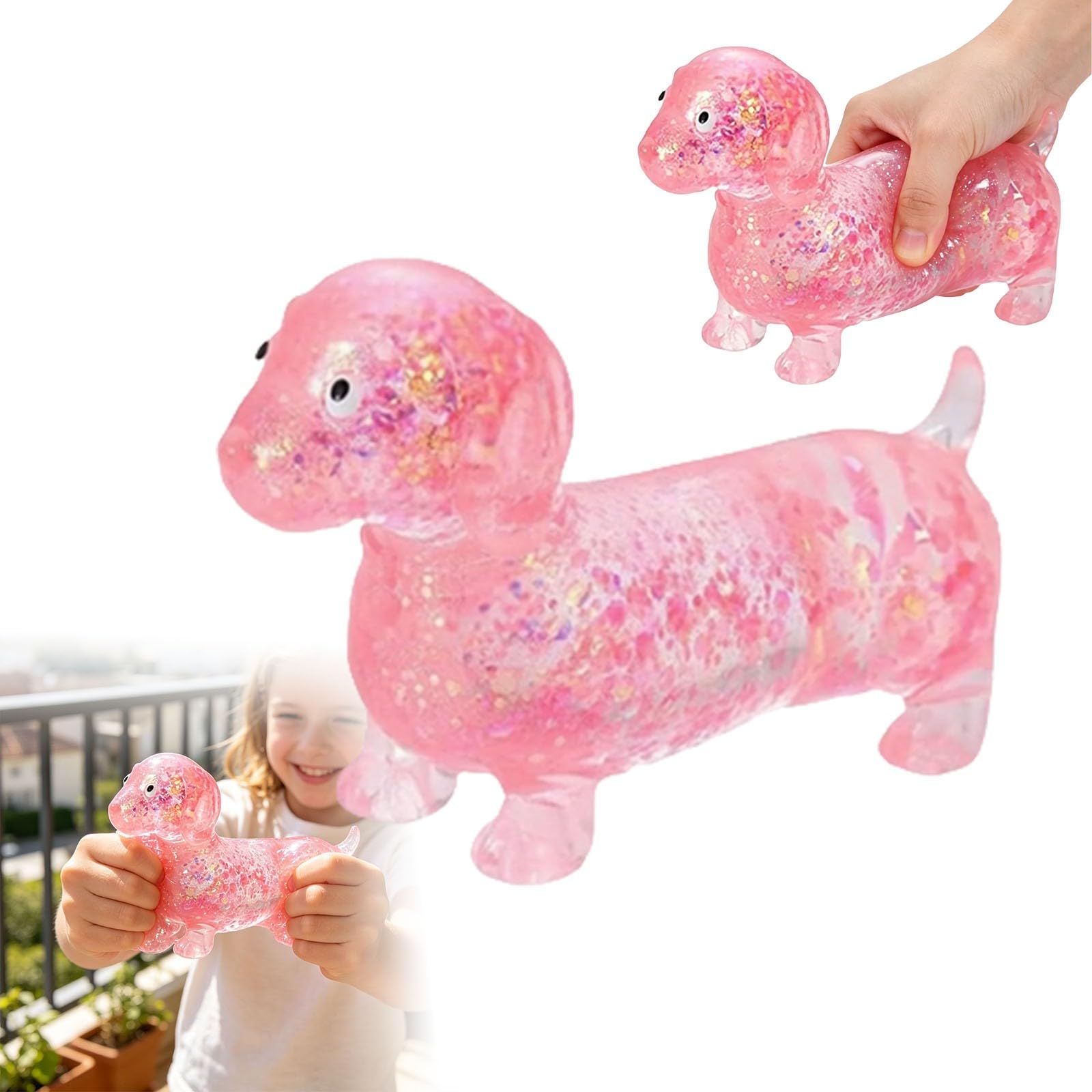 Dachshund Stress Toy, Glitter Sausage Dog Fidget Squeeze, Soft Antistress Sensory Squishy Animal Balls, Fun Mini Dachshund Squeeze Fidget Balls for Office Birthday Party (Pink)
