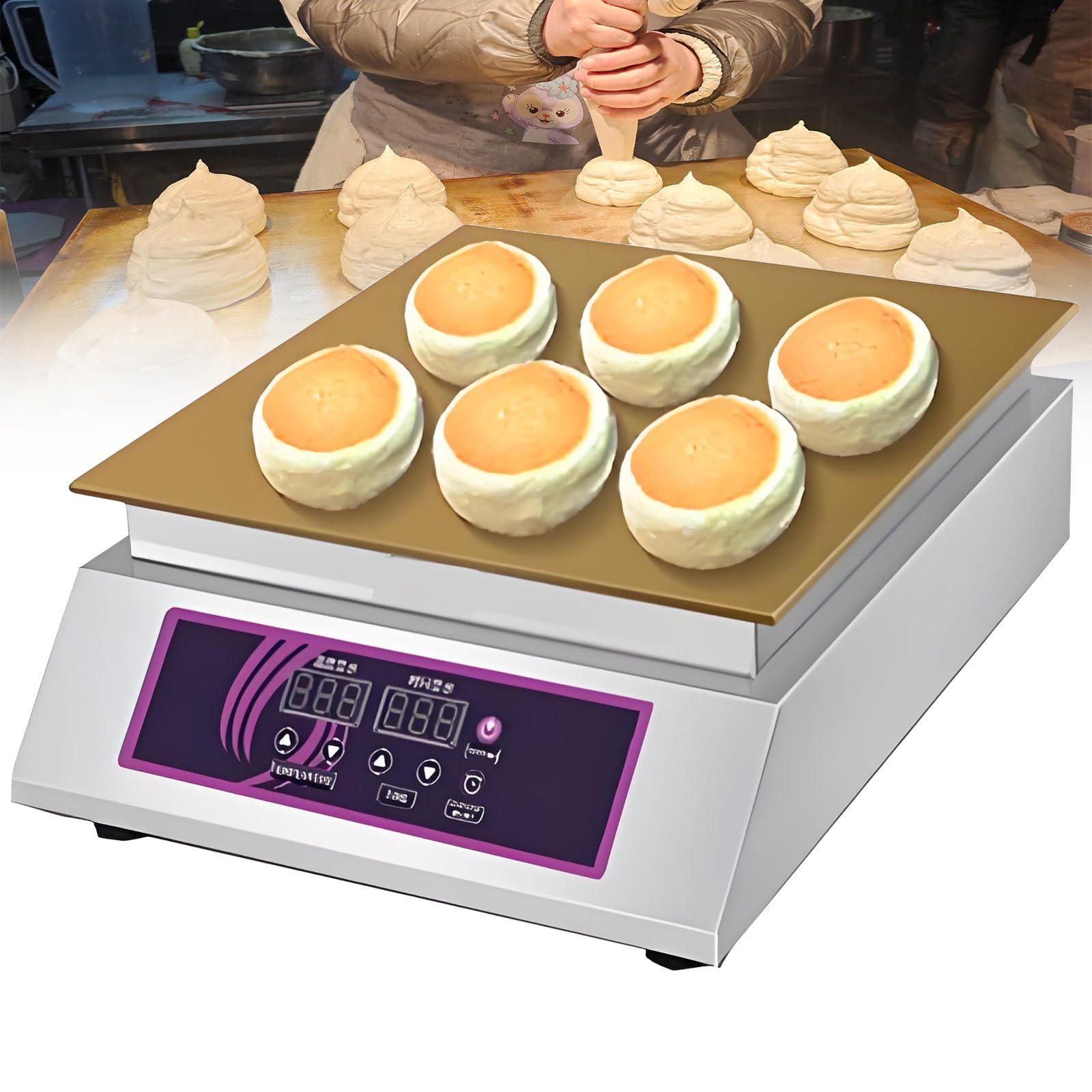 GSHSHOU Electric Souffle Maker & Dorayaki Baker Stainless Steel Double Plate Electric Griddle Digital Display Muffin Maker 26.3x13.8in Copper Heating Surfaces Fluffy Pancakes Machine Singlehead