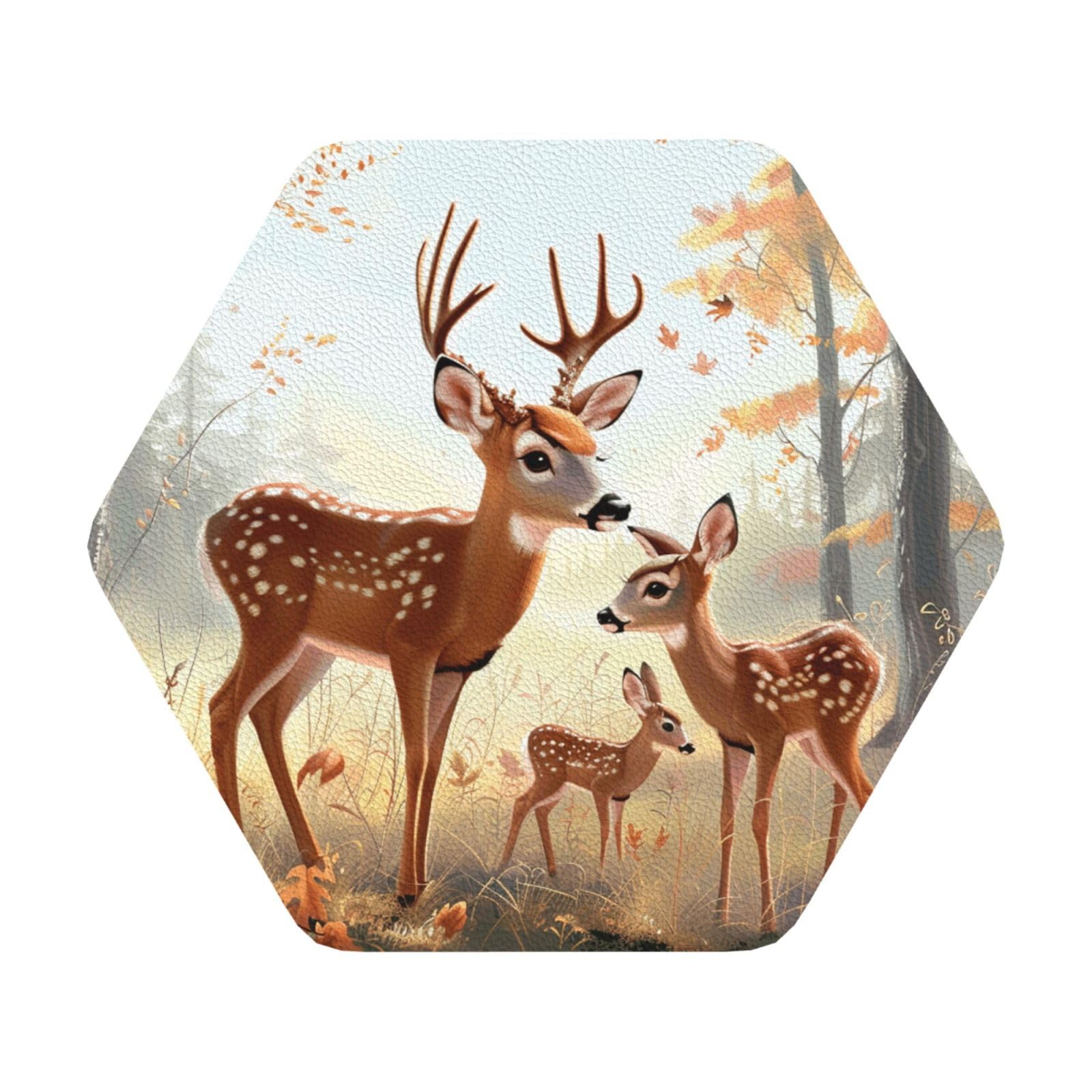 Cute Deers Print Leather Coaster Set of 6, Hexagon Coasters Table Decorative Coffee Cup Beverage Coasters Wine Beer Bar Coasters for Hot Drinks Table Protection