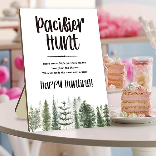 Miniatura 3 de Azbuk Juegos de fiesta de baby shower, caza de chupones para bebé, juego de baby shower, incluye chupetes temáticos de bosque, letrero de juego de