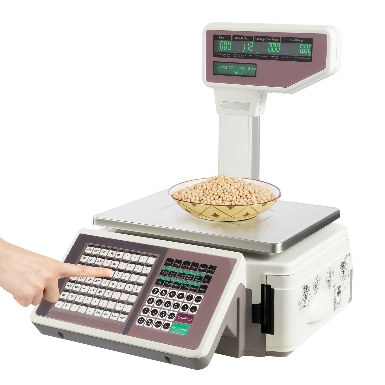 Label Printing Scale, 66LBS Electronic Price Computing Scale Pole Display with Dual TD Thermal Label and Receipt Printer, 110-220V Commercial Barcode Scale for Retail Outlet Store Food Meat Shop