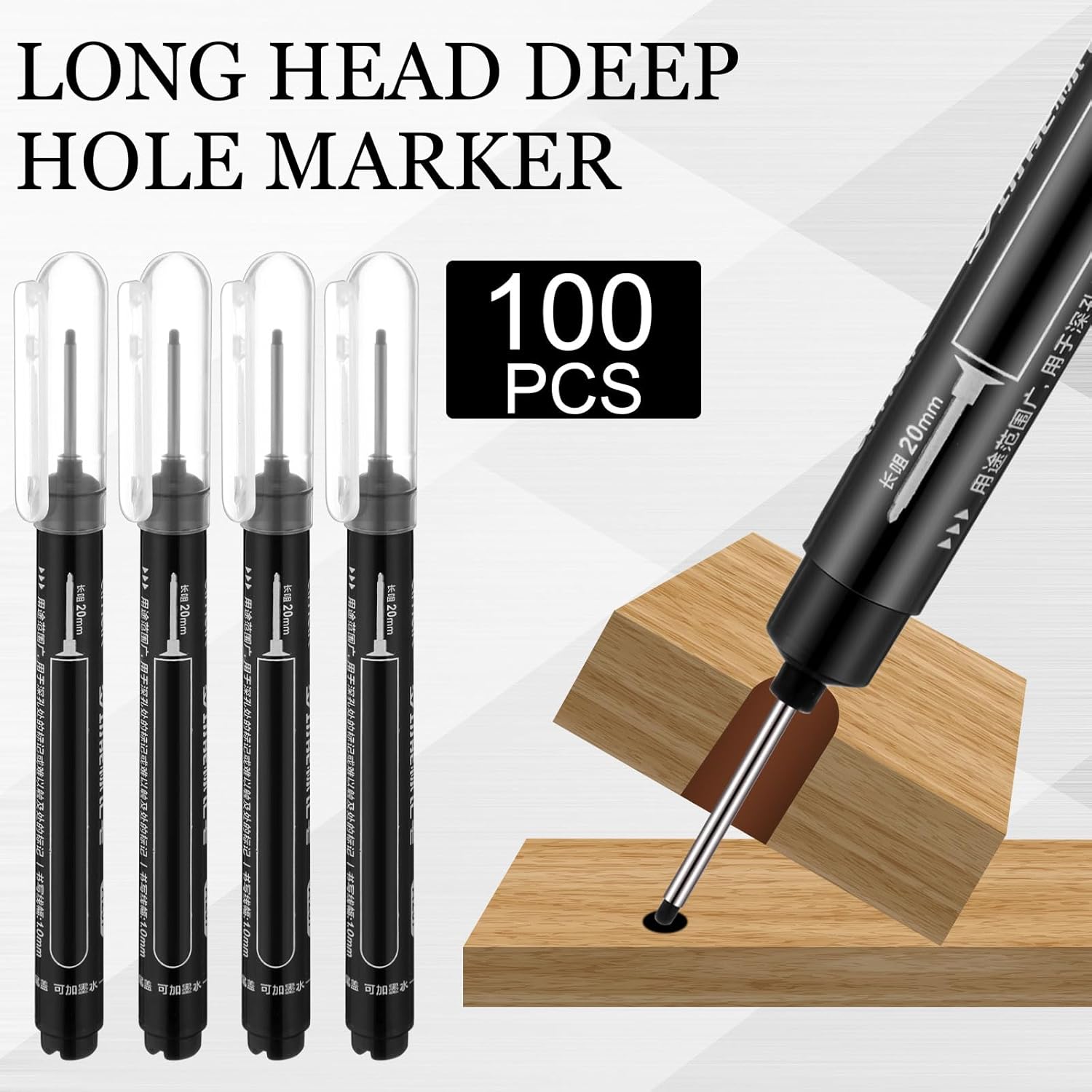MotiMind 100 Pcs Deep Hole Marker Bulk Long Nib Marker Long Head Deep Hole Waterproof Multi-purpose for Carpenter Construction Woodworking Office(Black)