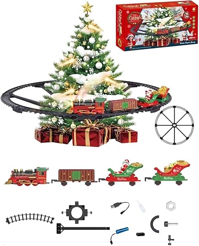 Juego interactivo de ferrocarril navideño – Locomotora giratoria con 8 melodías de efectos de niebla y parada automática perfecta para decoración