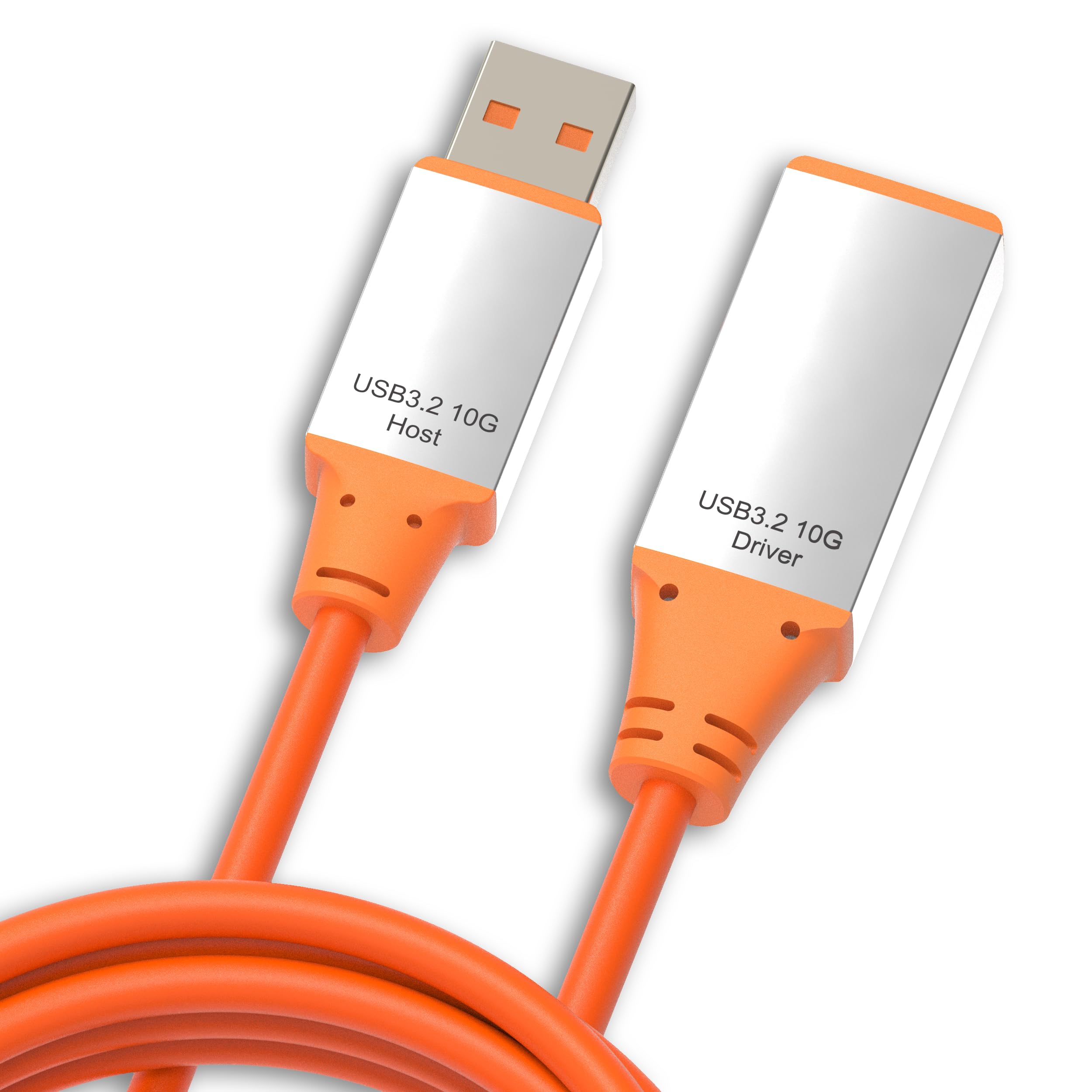 OkyLink 3M Aktywny kabel przedłużający USB 3.2 Gen 2 z wbudowanym wzmacniaczem sygnału – 10 Gbps, pomarańczowy kabel i biała obudowa aluminiowa
