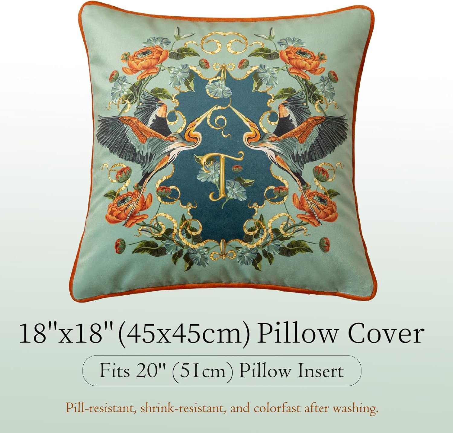 Euro Shams Velvet Teal Throw Pillow Covers 18x18, Bird Pillow Covers Animal Print Accent Pillow for Bed Couch Grandmillennial Home Decor, Floral Heron - Image 6