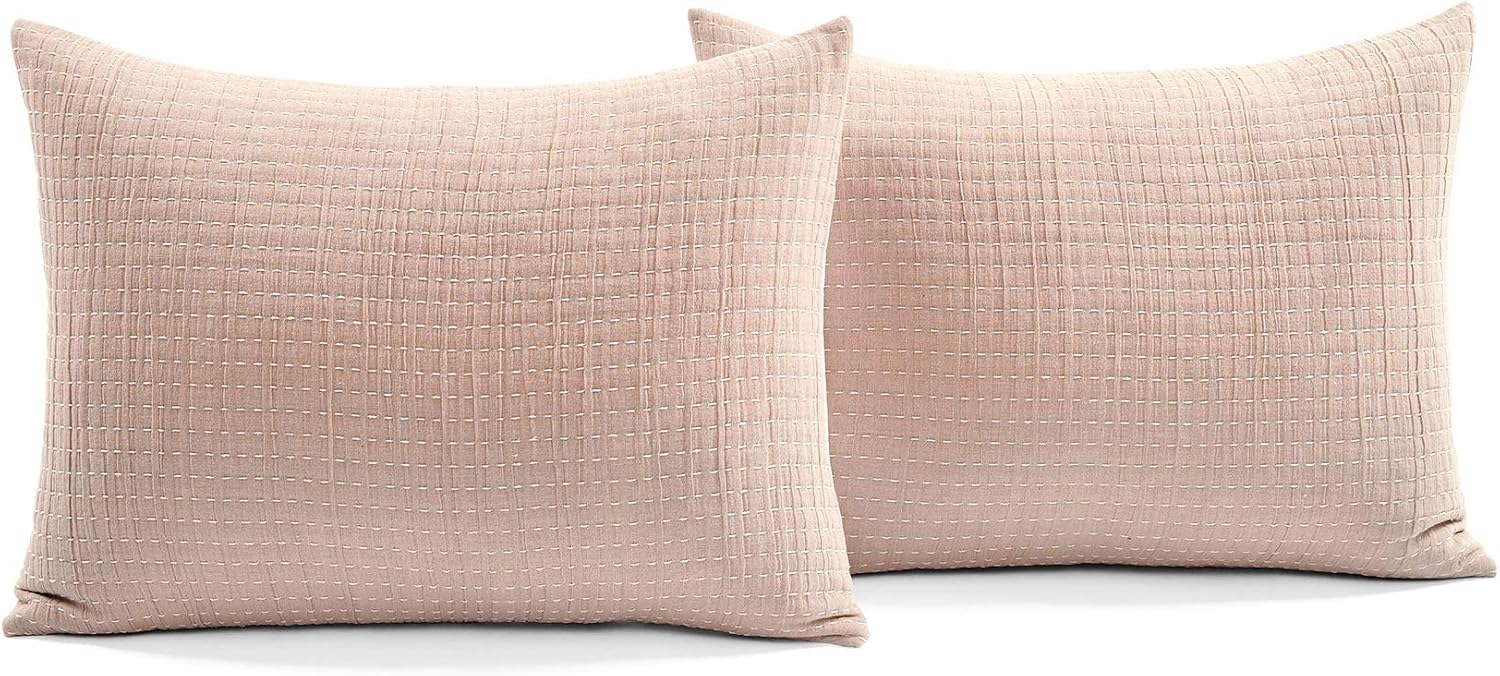 Lush Decor Solid Kantha Pick Stitch Yarn Dyed Cotton Quilt Queen Size 3 Piece Set Full/Queen Blush & Off White - Bedding Set Queen Quilt Lightweight