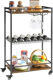 BUYKE Industrial Bar Carts for The Home,Wine Rack Table,Mobile Bar Serving Cart with Wheels, 33.5 x 22.8 x 13.4 Inches,Min...