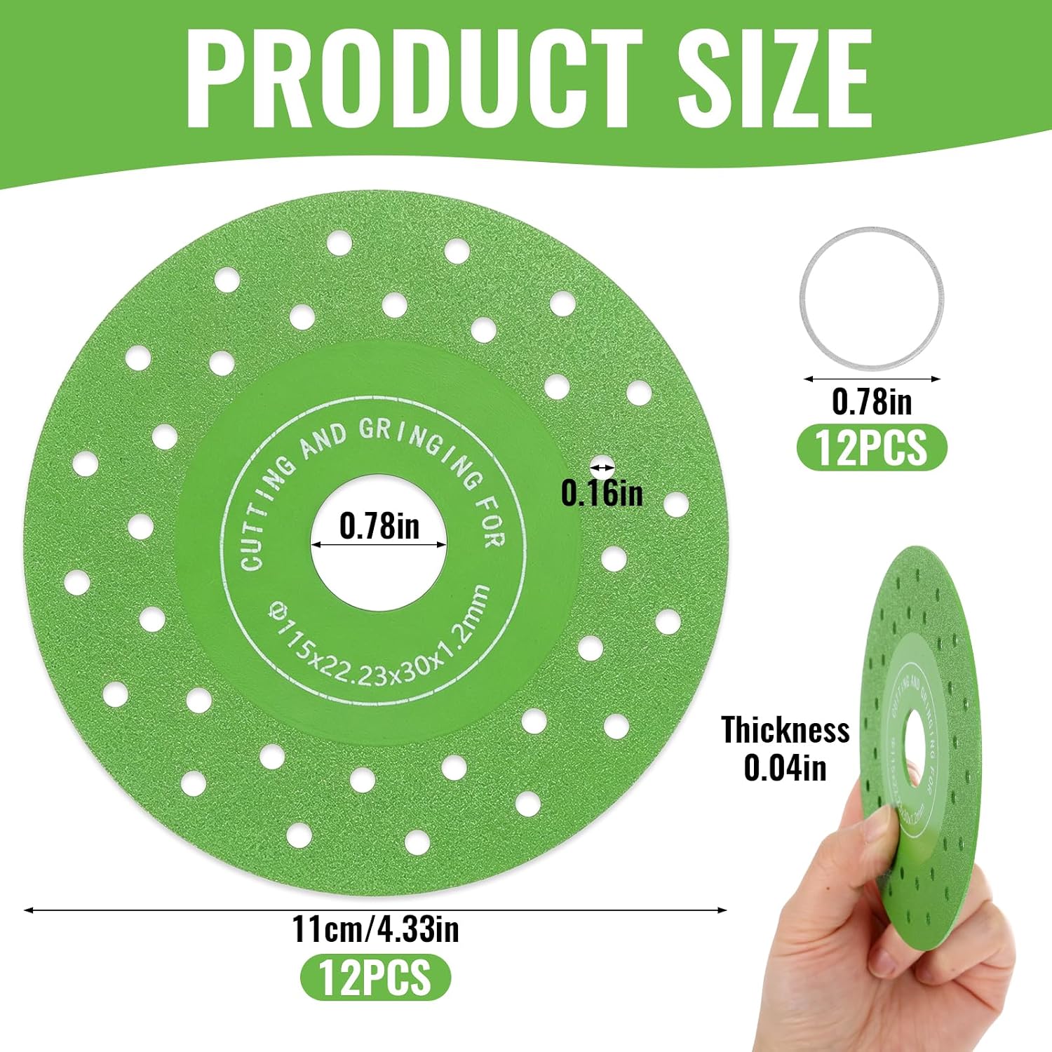12 Pcs Tile Cutter Diamond Saw Blade, 4.3 Inch Discs for Granite & Glass, Multi-Hole Green Tile Cutting Wheels with Centering Rings, 1mm Ultra-Thin Saw Blades for Angle Grinder