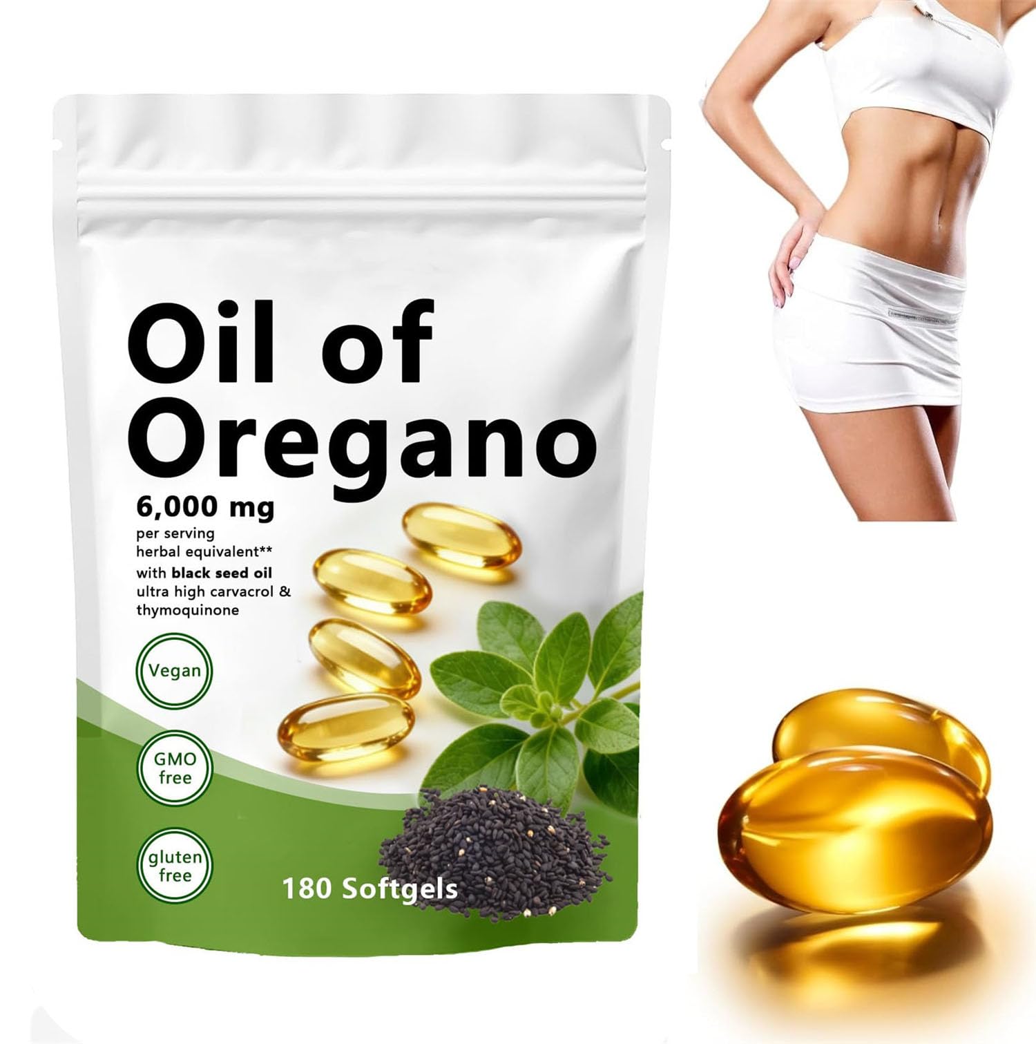 Olio di origano Softgels, 180 pezzi | 2 in 1 formulato con olio di semi neri, carvacrolo e timochinone 4X forza | Non OGM, senza glutine, sicurezza degli ingredienti, adatto sia per uomini che per