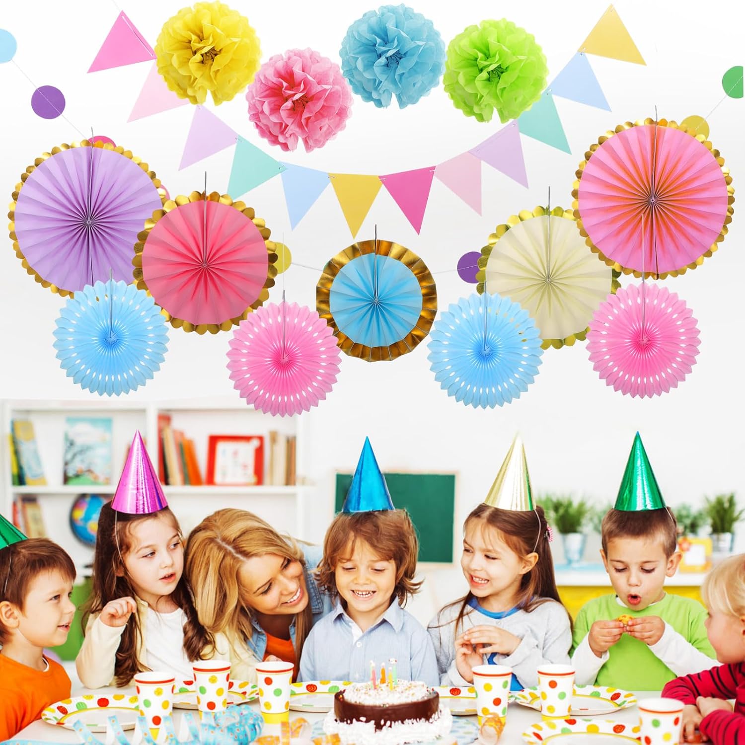 Toyvian Pastel Party Decorations Fan Set with Tissue Pom Poms Paper Fans and Party Banner for Birthday Classroom Event Hanging Decor