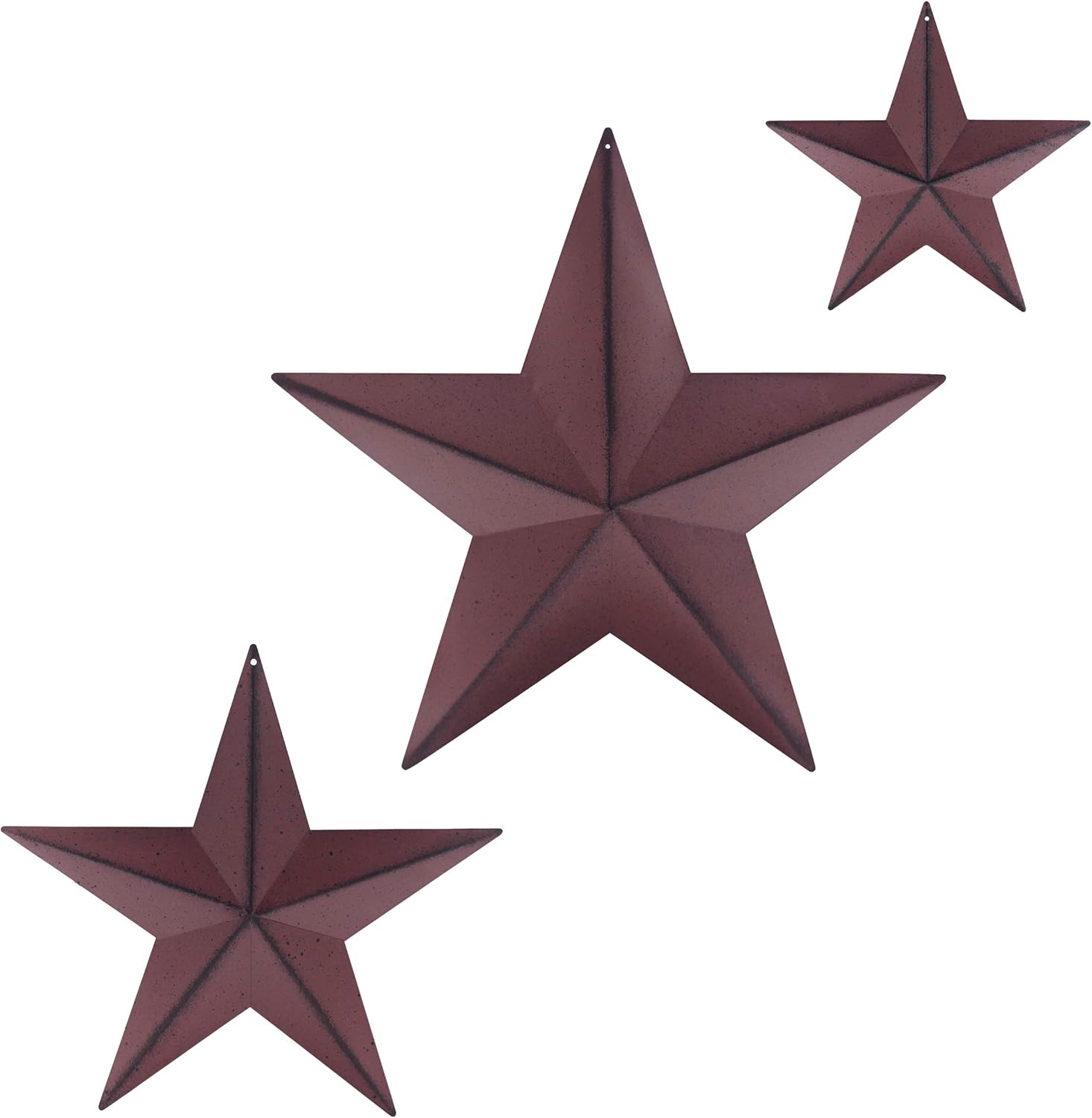 CVHOMEDECO. Primitives Rustic Antique Vintage Gifts Metal Barn Star Wall/Door Decor, 12/8/5.5 Inch, 3 PCS/Set. (Burgundy)