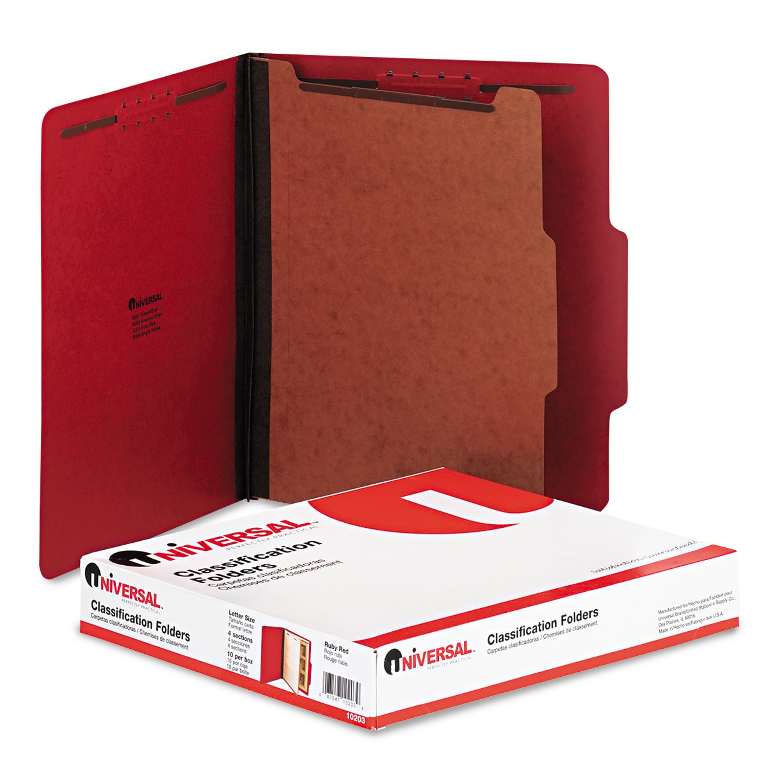 Universal 10203 Pressboard Classification Folders, Letter, Four-Section, Ruby Red (Box of 10)