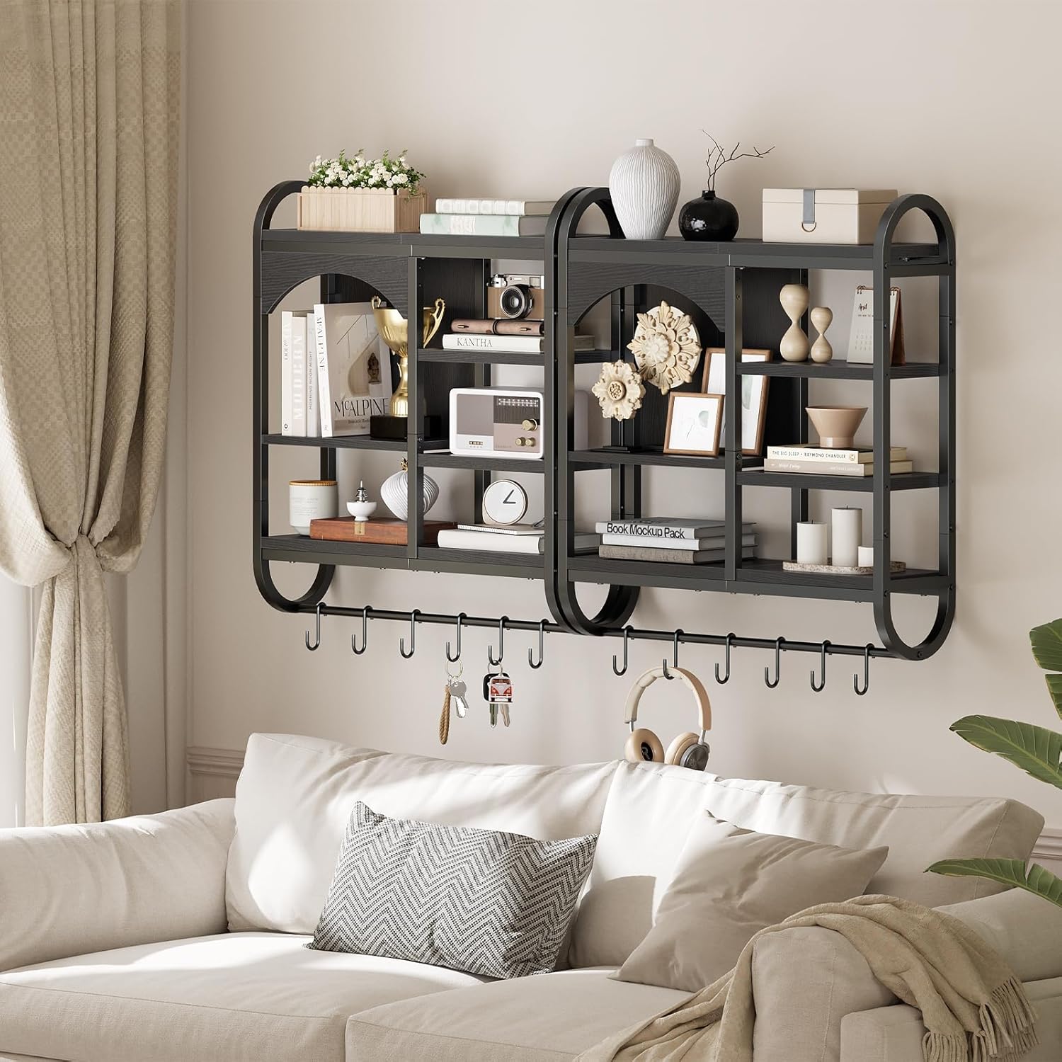 Close-up of HOOBRO shelf components including engineered wood, metal frame, S-hooks, and USB port.
