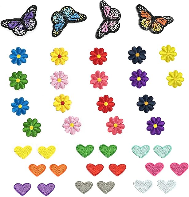 40pcs Embroidered Patches, Ironing Patches, Sewing Patches, Children's Embroidery, Flower Patches, Butterfly Patches, Heart Patches for Jackets, Shirts, Jeans, T-Shirts