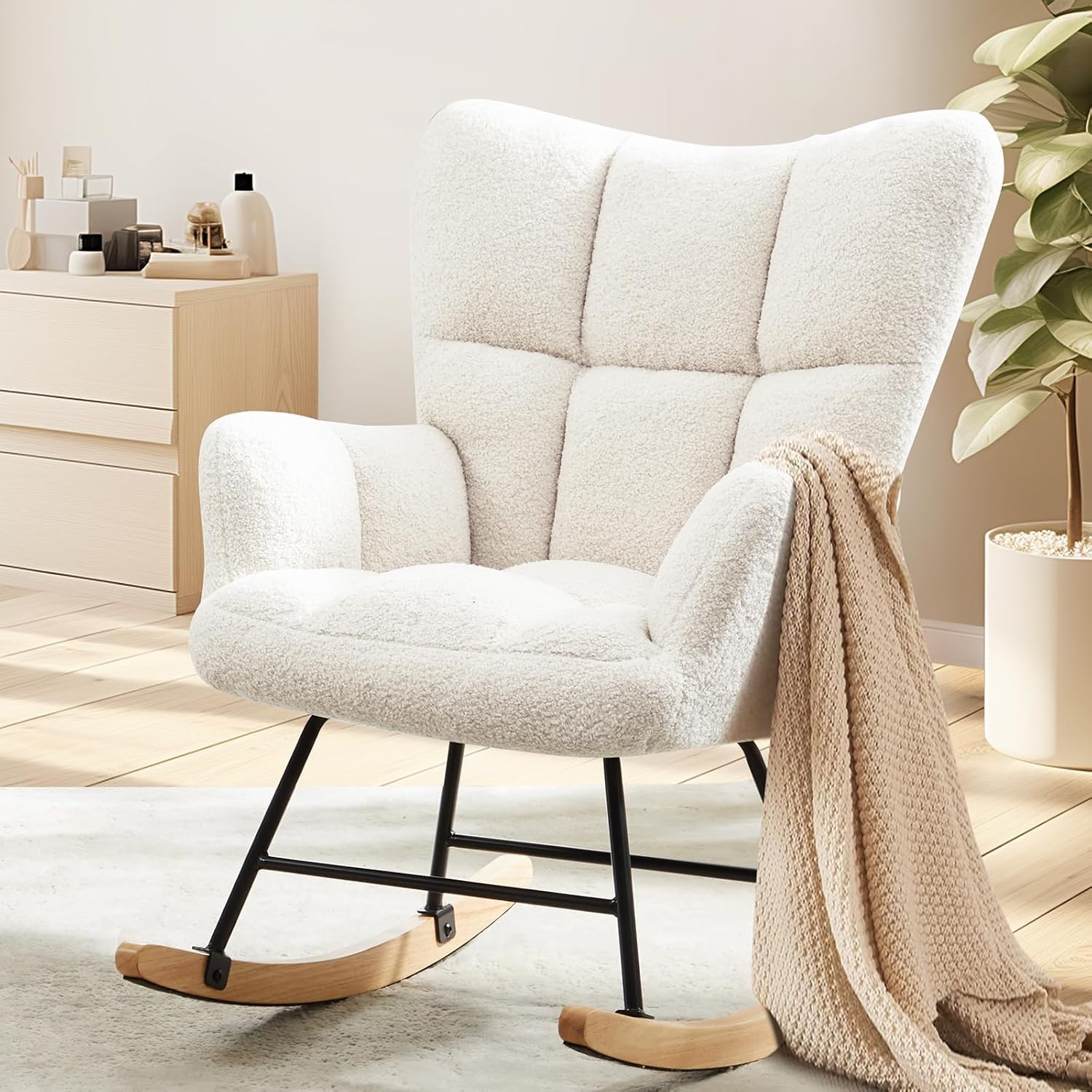 Elevon Rocking Chair Nursery, Teddy Upholstered Glider Rocker with High Backrest, Reading Chair Modern Rocking Accent Chairs Glider Recliner for Living Room, Nursery, Bedroom