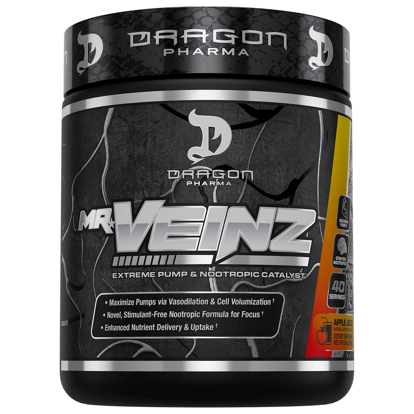 DRAGON PHARMA Mr. Veinz Stim Free Pre-Workout, Extreme Pump & Nootropic Catalyst, Maximize Pumps via Vasodilation & Cell Volumization, Stimulant-Free Formula for Focus (40 Servings, Apple Juice)