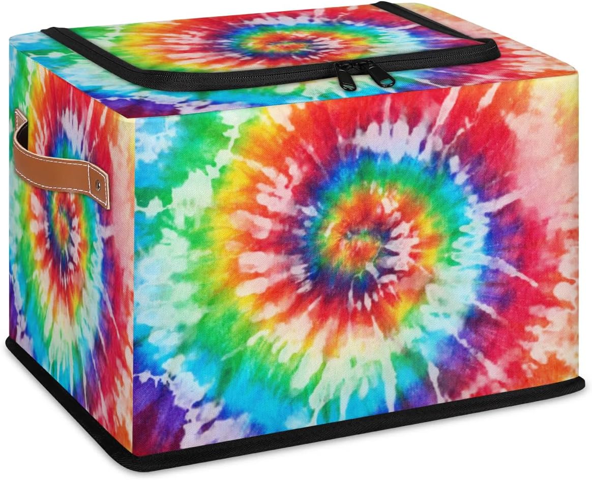 Fabric Clothes Storage Baskets with Lid, Tie Dye Foldable Storage Bins with Zipper Collapsible Cube Clothing Storage Bag with Handles, Rainbow Spiral Visual