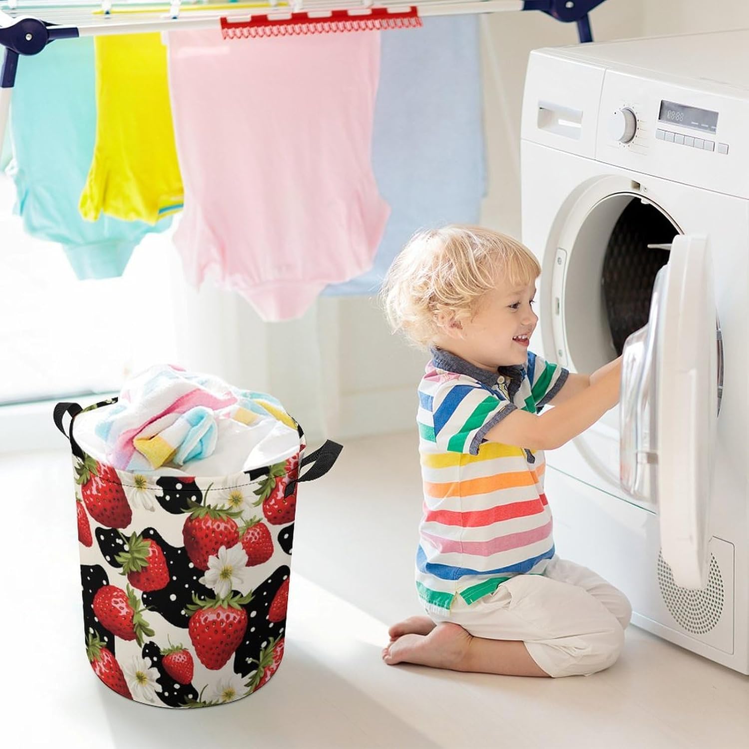 Cow Skin Print Strawberry Novelty Collapsible Laundry Baskets Waterproof Clothes Hamper Storage Bins with Handles 13.8"x13.8"x17.3" 17.3"x17.3"x17.3"