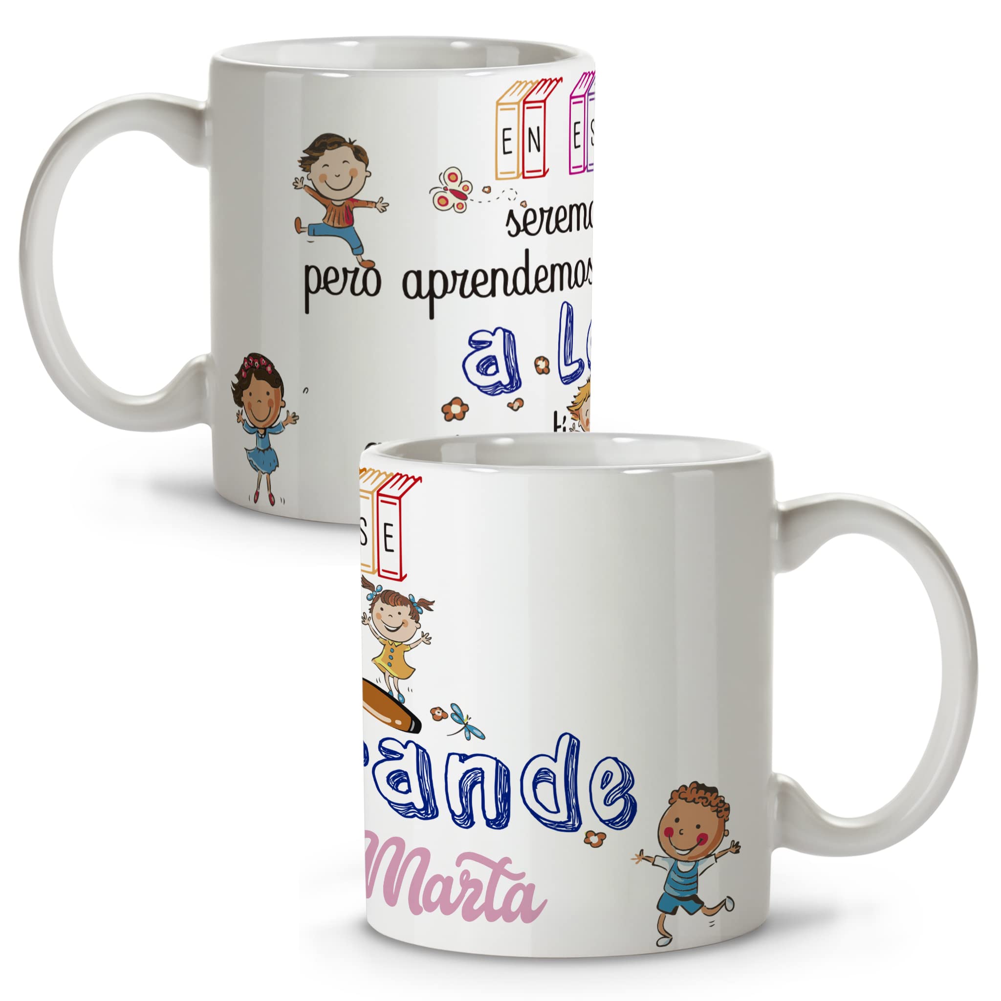 LolaPix Regalo Profesora Infantil. Tazas Profesores. Taza personalizada con Nombre. Regalos para Profesores. Taza de Cerámica. Interior de Colores. APRENDER A LO GRANDE.