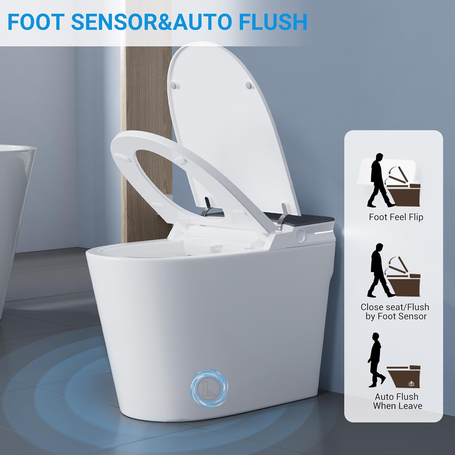 Smart Toilet with ADA Height, Bidet Built-In, Off-Seat Auto Flush, Foot-Sensor, Instant Hot Water and Warm Air Drying, LED Display, Toilet with Light Strip