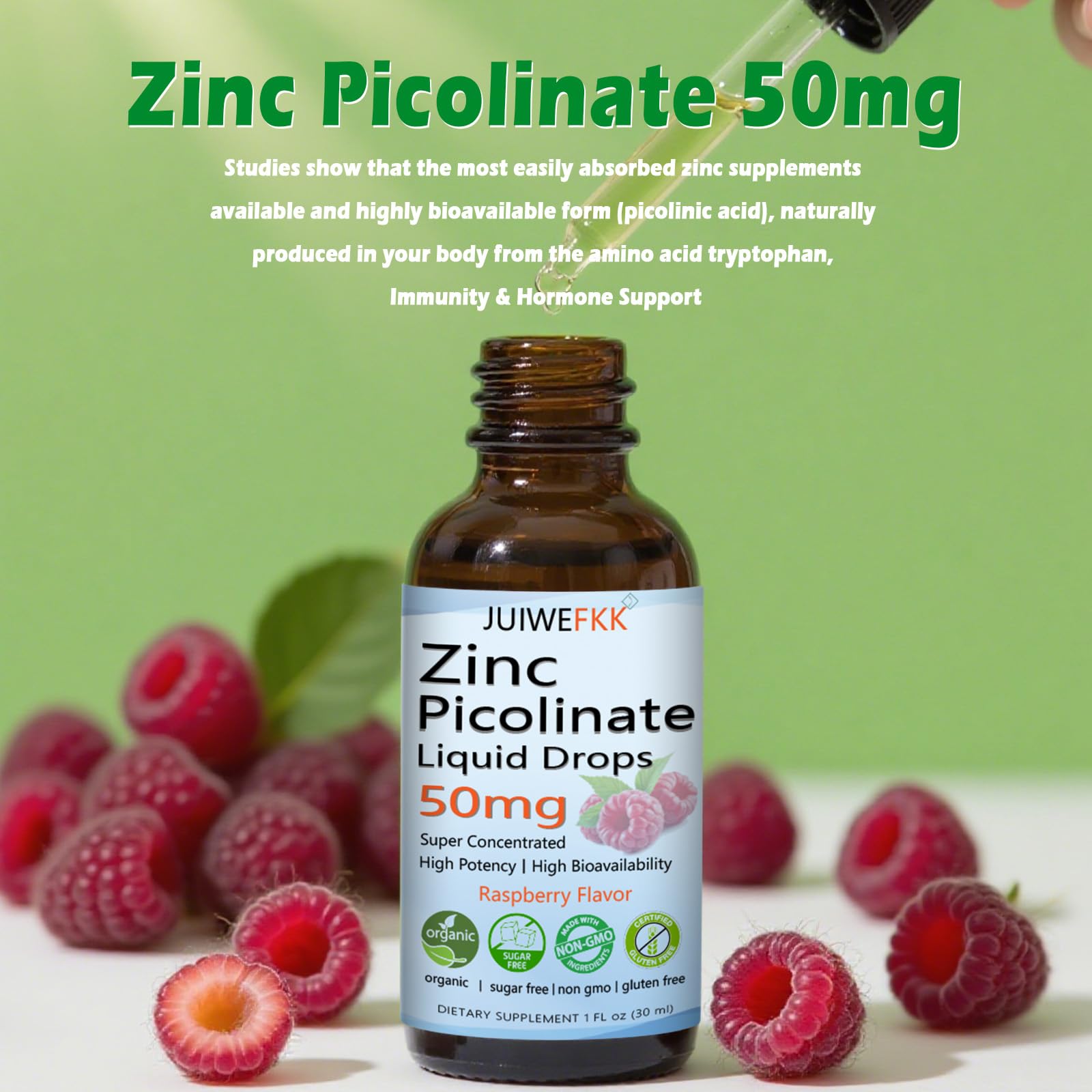 Zinc Picolinate 50mg Liquid Drops, Chelated Zinc Supplements for Men Women Kids Support Immune Skin Eye Health & Enzyme Function, Liquid Zinc Raspberry Flavor, Vegan Non GMO Gluten Free, 30 Servings — Amazon image 2