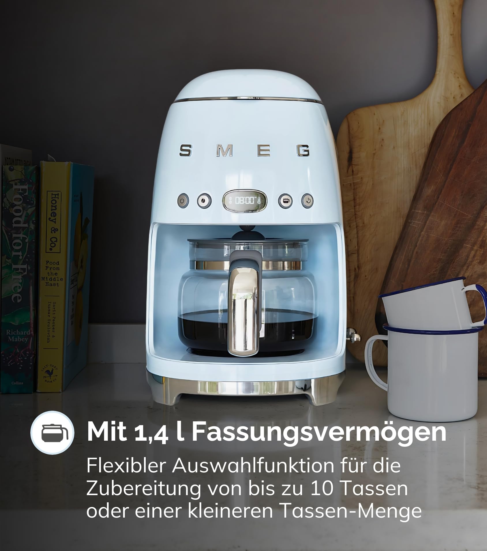 Smeg, DCF02BLEU, Filter-Kaffeemaschine, Aroma und Autostart-Funktion, Glaskaraffe bis 12 Tassen, 2 Intensitätsniveaus, Warmhaltefunktion, 1050W, Schwarz