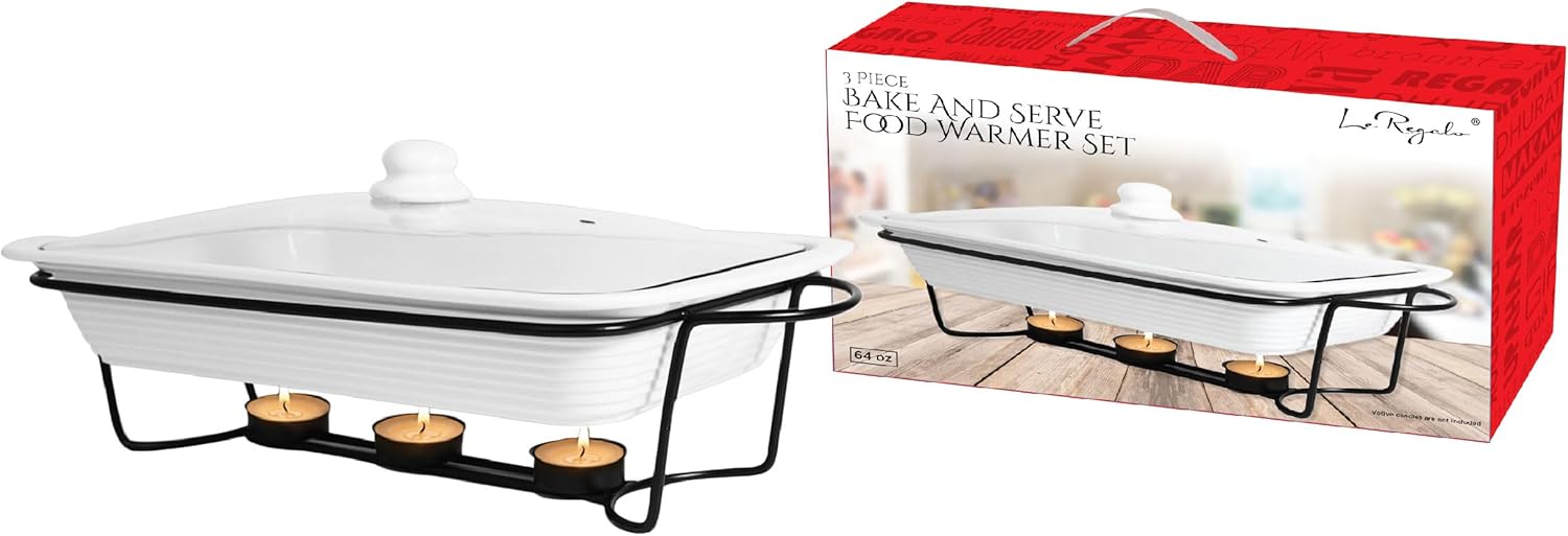 Stoneware 3-Piece Baking Dish, Glass Lid and Metal Stand, Bake and Server Food Warmer Set, Oven, Dishwasher and Freezer