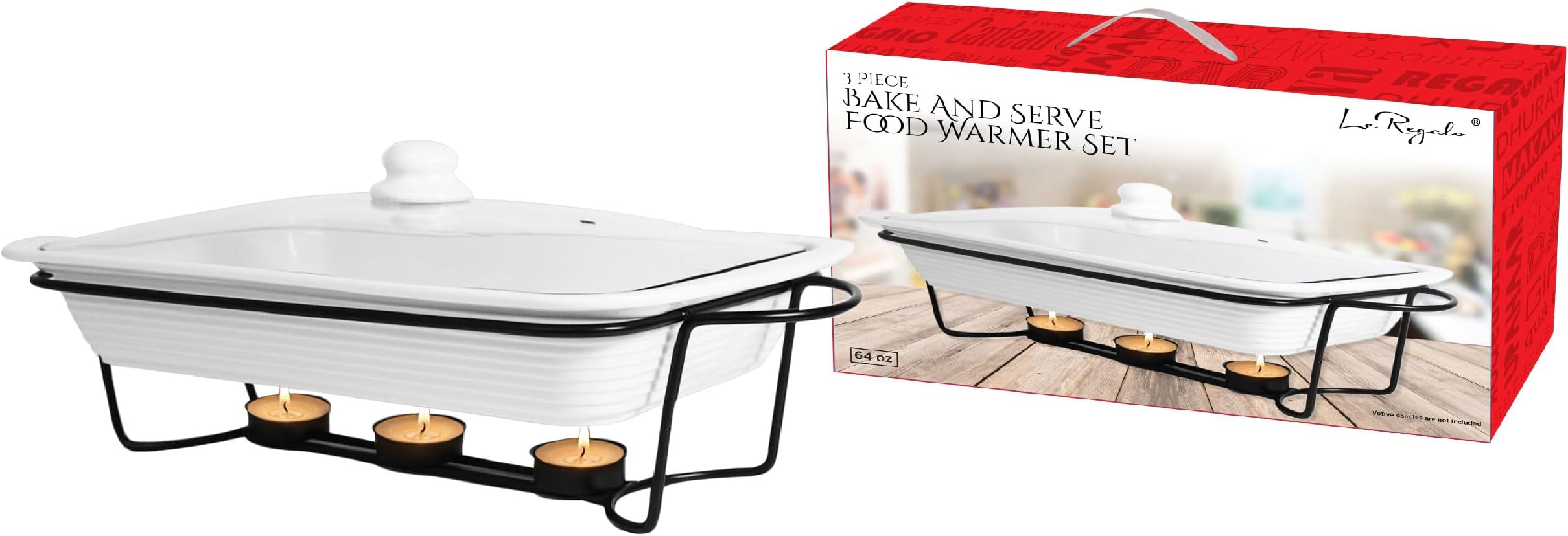 Stoneware 3-Piece Baking Dish, Glass Lid and Metal Stand, Bake and Server Food Warmer Set, Oven, Dishwasher and Freezer
