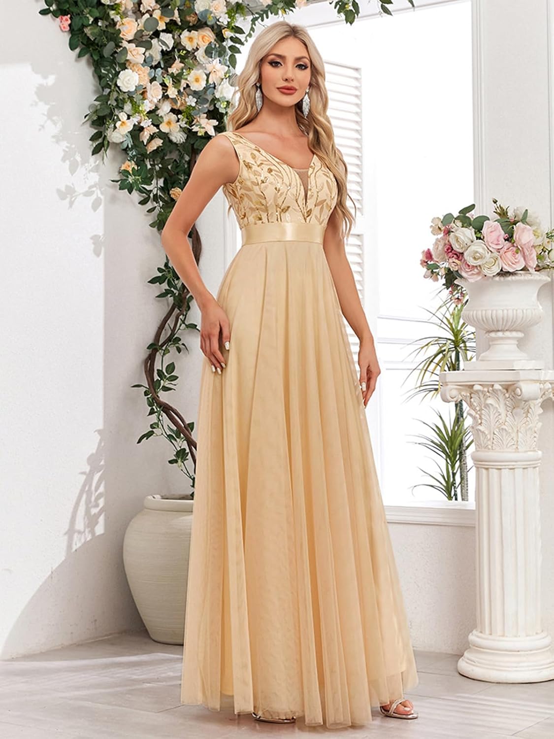 Women's Formal Dresses Long Evening Gowns Tulle V Neck Sleeveless Sparkly Sequin Cocktail Party Wedding Guest Dress - Image 2