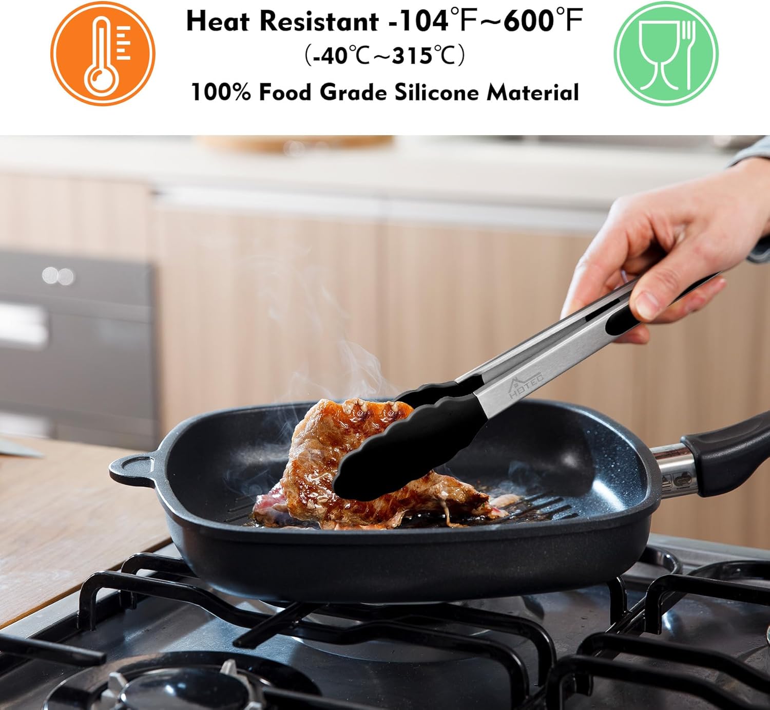 HOTEC Premium Stainless Steel Locking Kitchen Tongs with Silicon Tips, Set of 3-7, 9 and 12 (Black,Grey,Khaki)