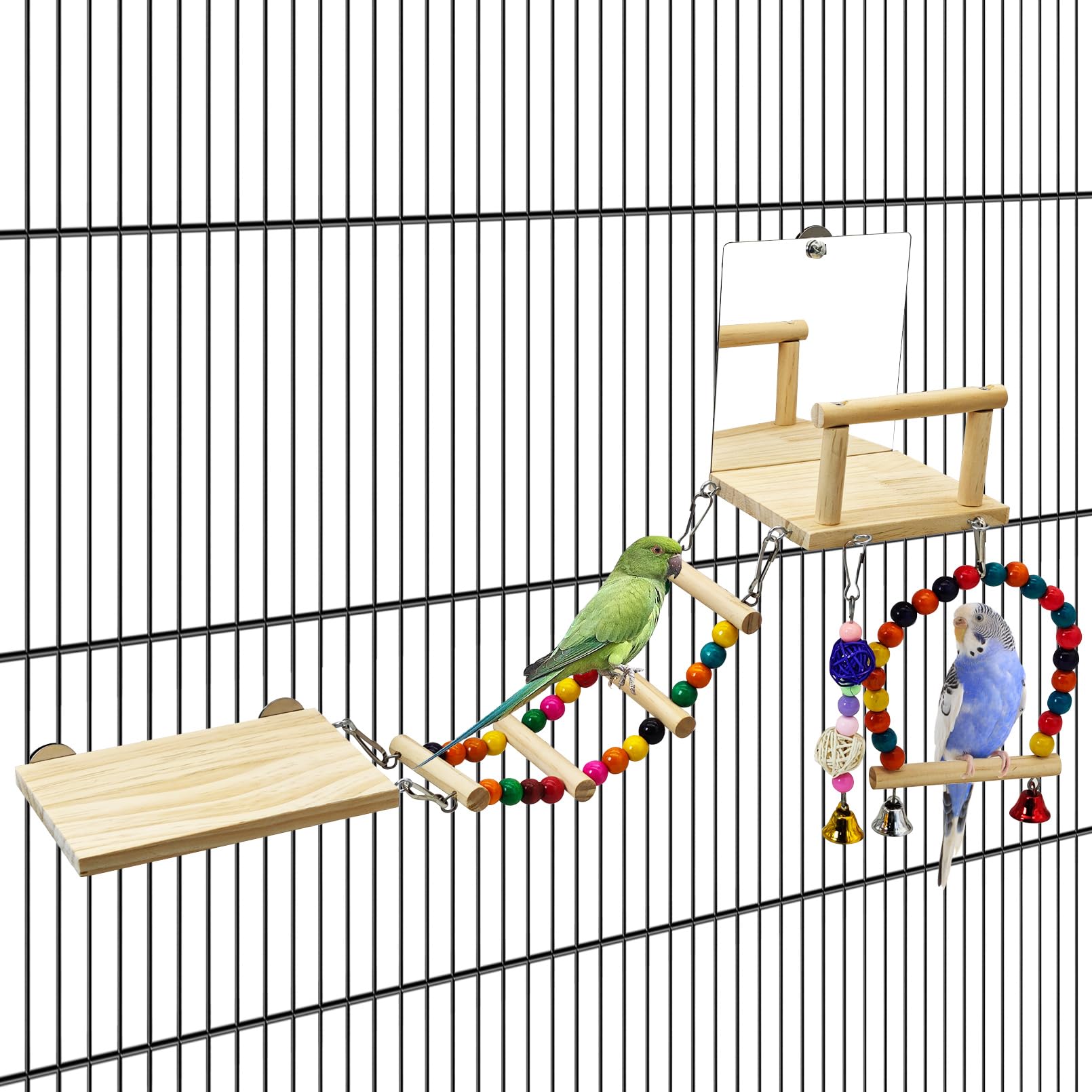 BNOSDM Bird Perch Platform with Mirror, Wooden Climbing Ladder for Parakeet, Small Bird Swing Toys with Hanging Chewing Balls Parrot Cage Accessories Budgie Playground for Cockatiel, Lovebird, Conure