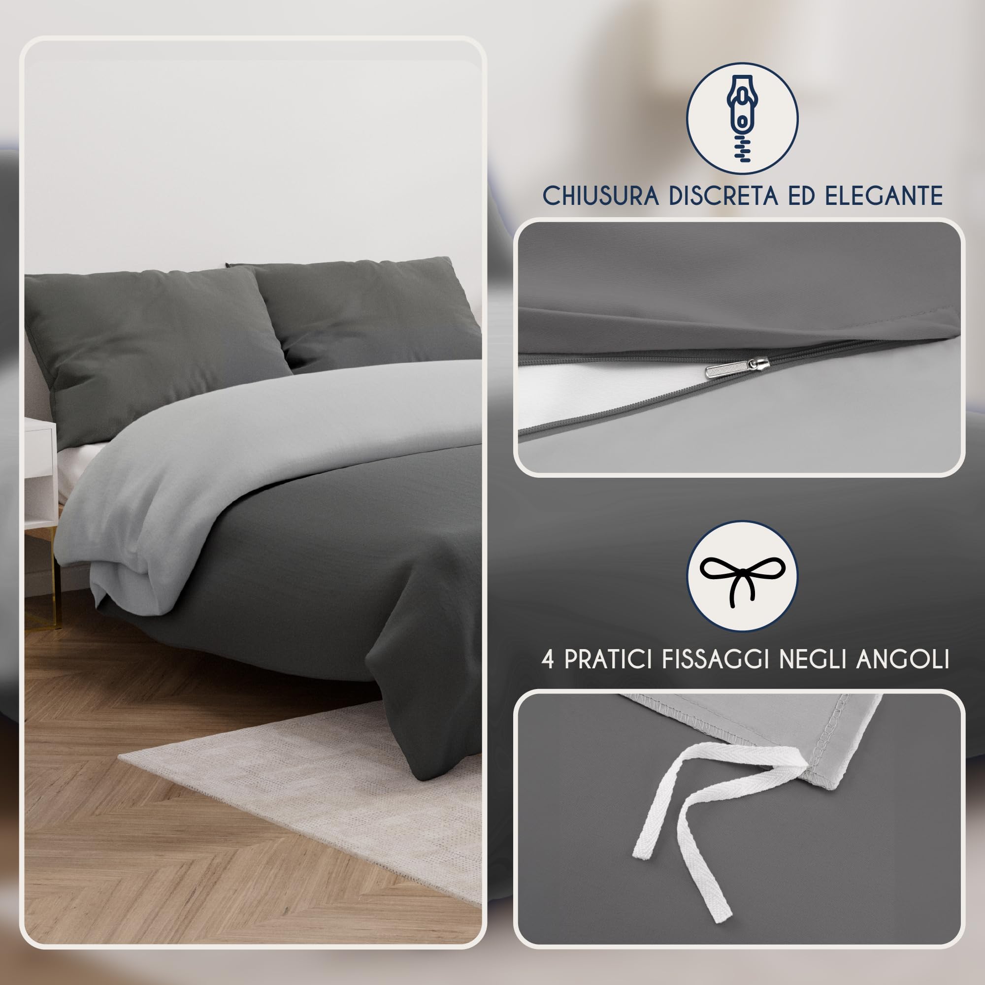 Dreamzie Copripiumino Matrimoniale 200x200 cm con 2 Federe 50x70 cm - Grigio Scuro/Grigio Chiaro Set Copripiumino Matrimoniale 200x200