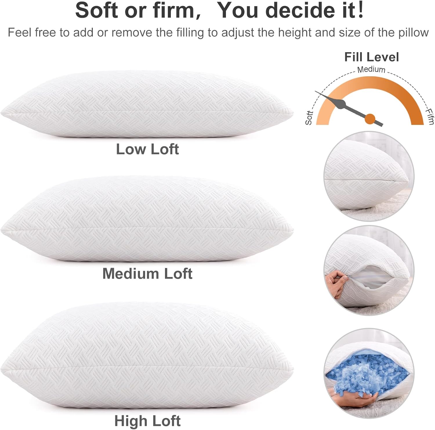 OYT Memory Foam Cooling Bed Pillows for Sleeping - 2 Pack Adjustable Queen Size Gel Shredded Pillows for Sleeping Set of 2 with Side Back Sleepers Washable Removable Cover New White Queen (Pack of 2)