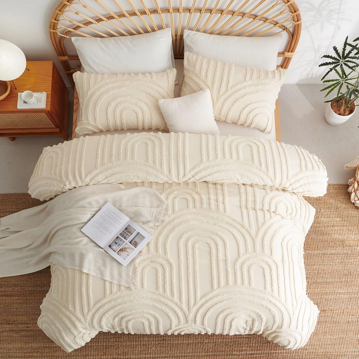Lanqinglv Boho Bettwäsche 220x240 Beige Getuftet Exquisite Stickerei | ÖKO-TEX Zertifiziert,Geometrisch Chic,für Allergiker,Aesthetic Bettbezug mit Reißverschluss und 2 Kissenbezug 80x80 cm