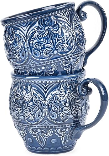 Sungmor Juego de vajilla de porcelana de estilo anaglifo antiguo barroco, juego de 2 tazas de café, tazas grandes de 18 onzas con asa, tazas de