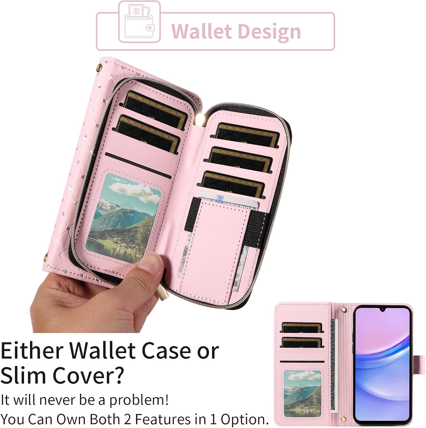 Asuwish Phone Cover for Samsung Galaxy A15 5G/4G Wallet Case Cell Zipper with Tempered Glass Screen Protector Crossbody Lanyard Strap Bling Glitter Flip Card Holder Slot A 15 G5 15A Women Girls Pink