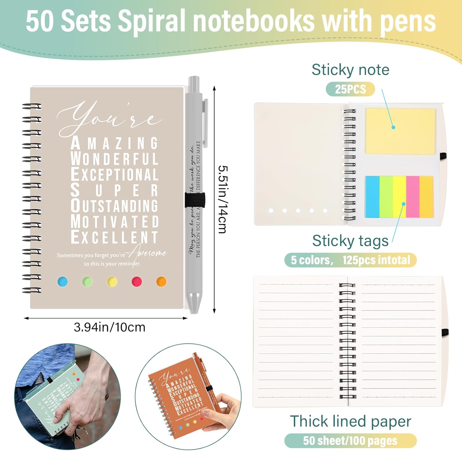 Jetec 100 Pcs/50 Sets Motivational Spiral Notebook with Sticky Notes Pen Bulk Boho Inspirational Journals Employee Appreciation Thank You Gift for Teacher Coworker Staff Team (Healing)