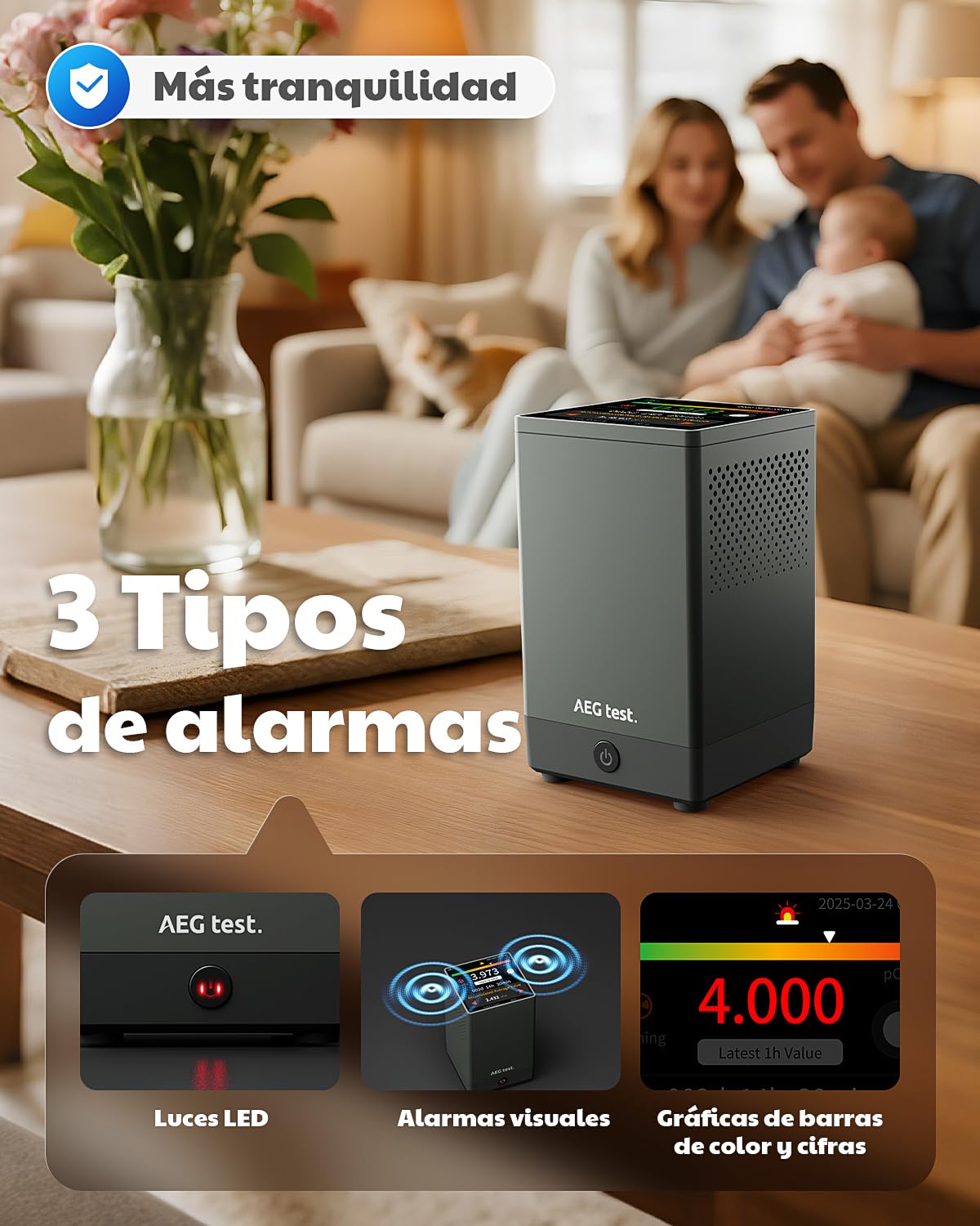 HOUND-2033 Detector de radón, Pantalla táctil 3,4", actualizaciones Cada 10 min, alarmas sonoras/visuales, portátil, Recargable, monitoreo prolongado, exportación USB, pCi/L o Bq/m³ – Negro