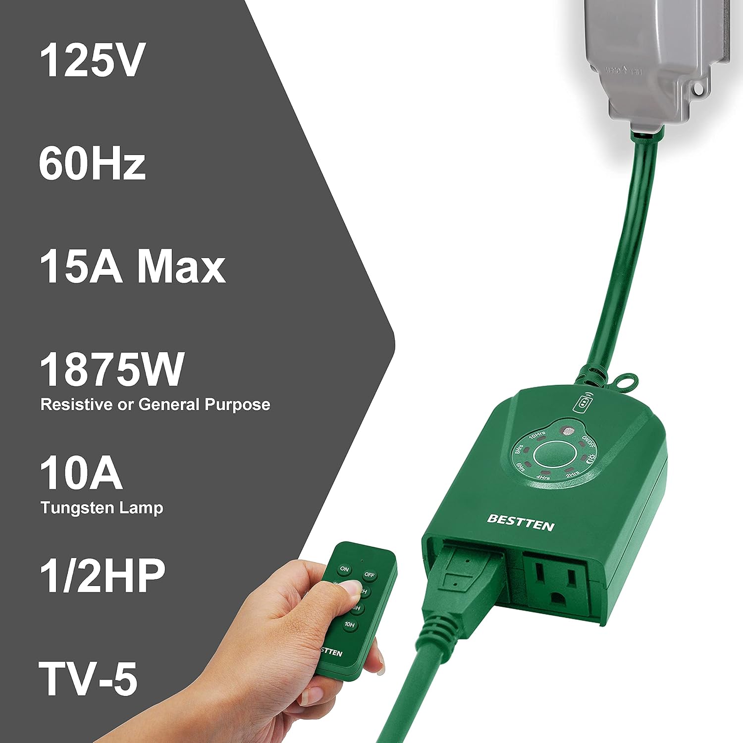 [2 Pack] BESTTEN Outdoor Digital Timer Outlet, Plug in Light Sensor Countdown Timer (2/4/6/8/10 Hours Mode), 80 ft Remote Control, 2 Grounded Outlets, ETL Certified, Green