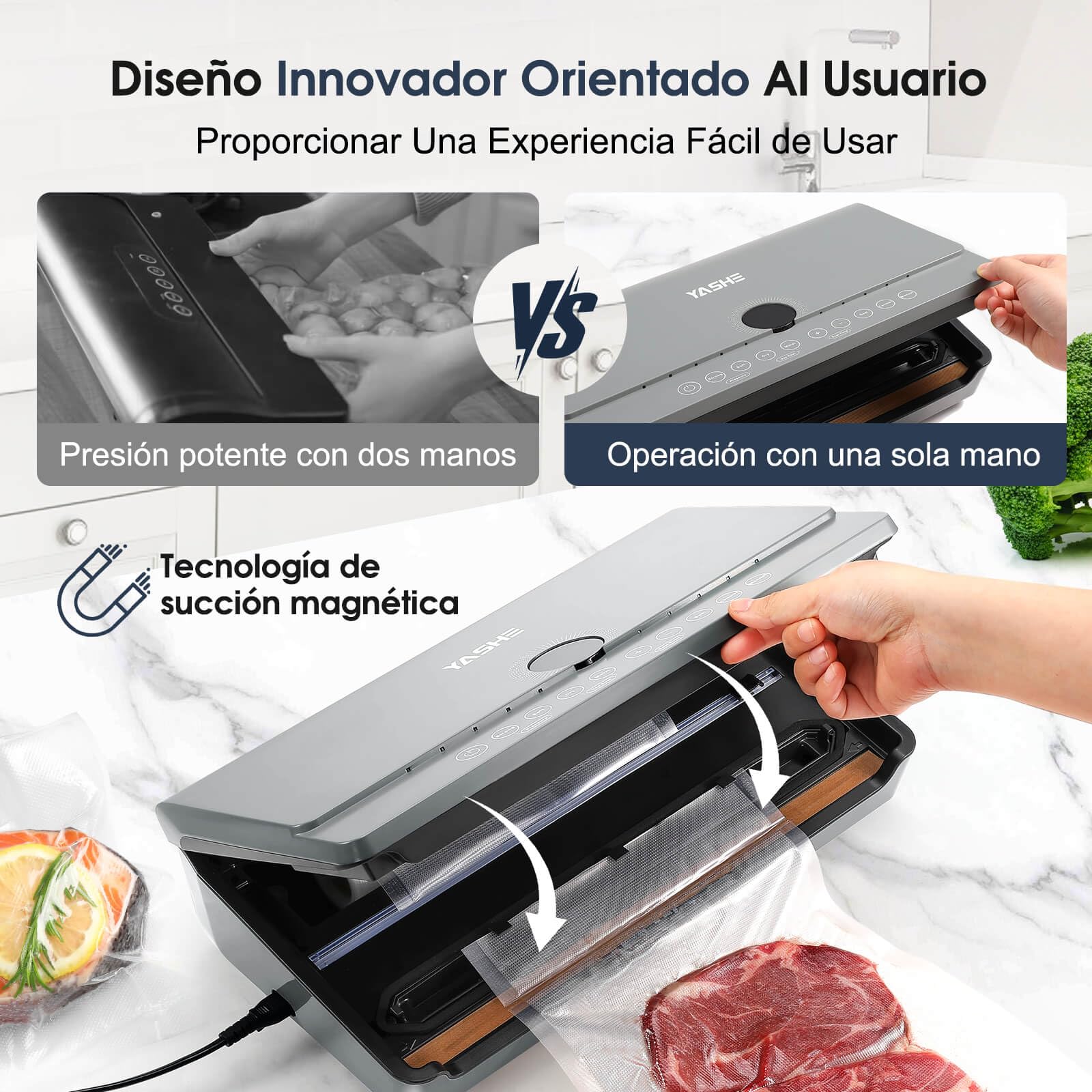 YASHE Envasadora al Vacio 80KPA con Tapa Magnética, 10 en 1 Doble Sellado y Doble Bomba Envasadora al Vacio Domestica, Almacenaje Integrado para Rollos, Incluye 1 Rollo de Bolsas
