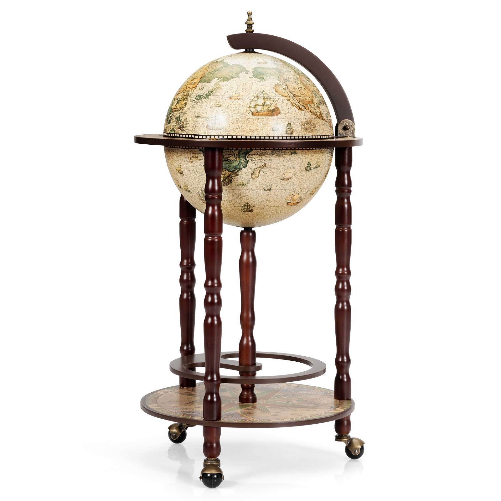 BECOMFORT Globe Bar on Wheels, 17'' Wooden Wine Bar Stand Cart w/Bottom Shelf, Italian Replica Old World Globe Wine Organizer, 16th Century Retro Wine Cupboard for Living Room, Kitchen (Creamy White)