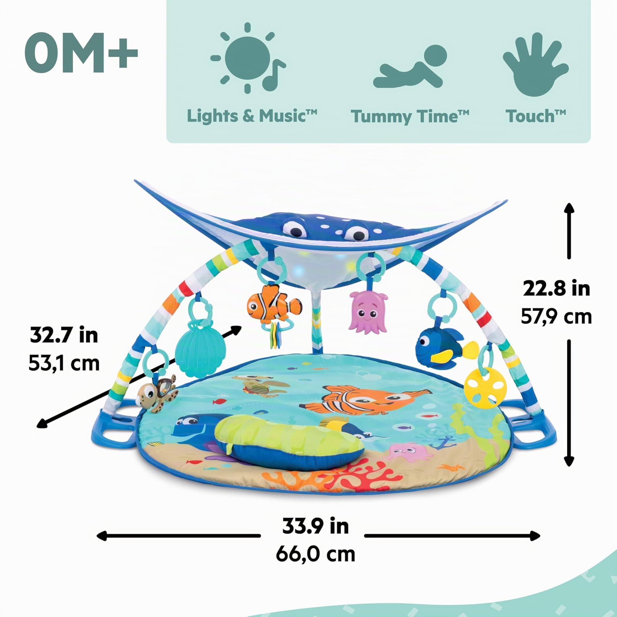 Bright Starts, Disney Baby, Gimnasio y Manta de Actividades para bebé Buscando a Nemo - 20+ min de luces y música, arco de juego, 5 juguetes extraíbles, desarrollo motriz, azul, desde recién nacido