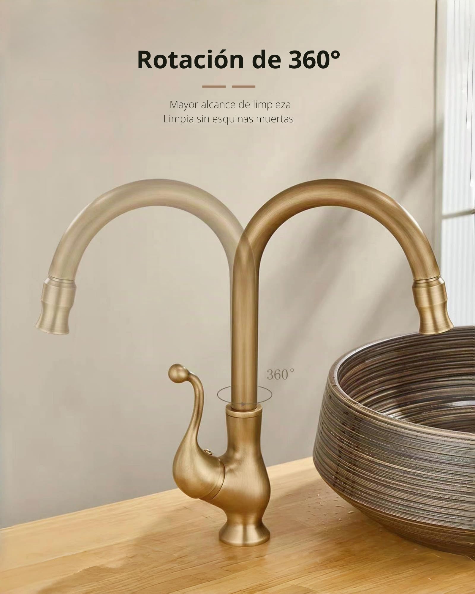 Grifo Cocina Alto Latón Antiguo, Mezclador Monomando Fregadero Bronce Retro, Giratorio 360° Griferia Lavabo Baño Cobre con Caño Alto de Arco