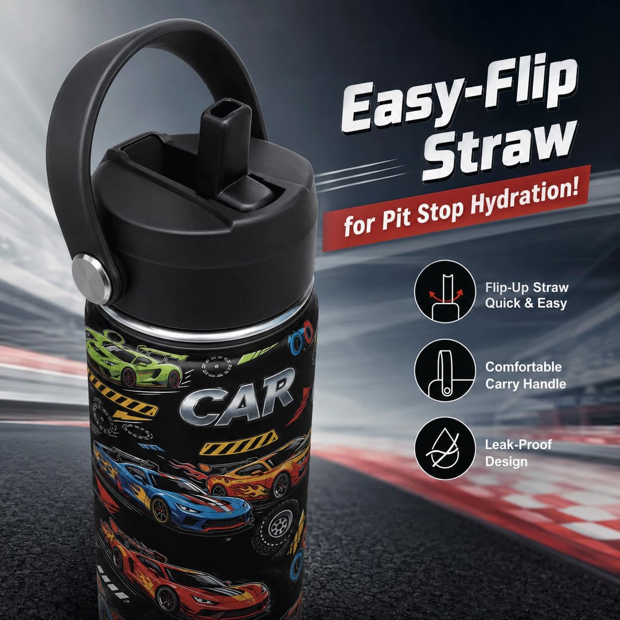 16oz Race Car Water Bottle for Boys - Stainless Steel Insulated Kids Cup with Leakproof Straw Lid, School Sports Travel Thermos, Birthday Gift