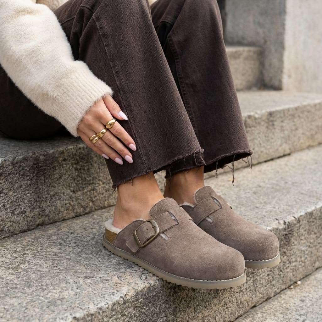 CUSHIONAIRE Blain Fur Genuine Suede Clogs for Women, Cozy Slip-On Womens Slippers with Detailed Stitching and Memory Foam Comfort - Image 3